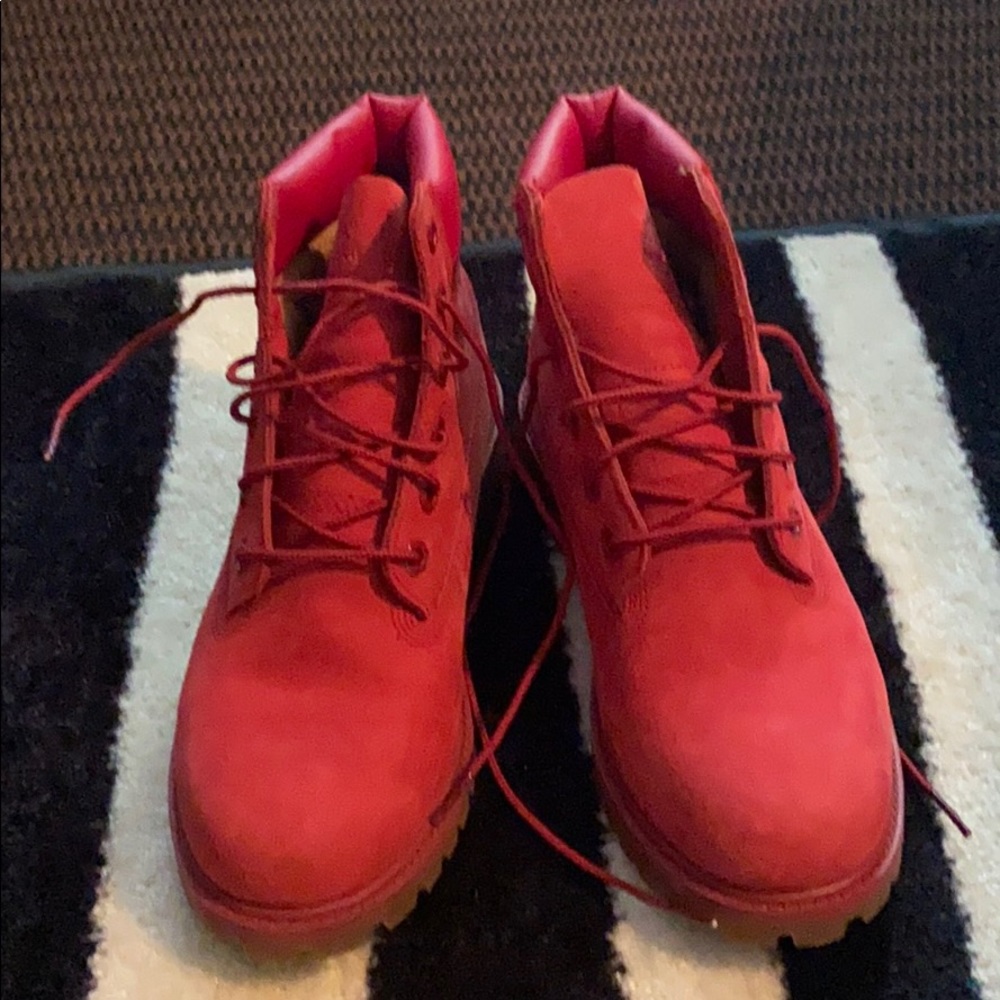 All red timberland boots